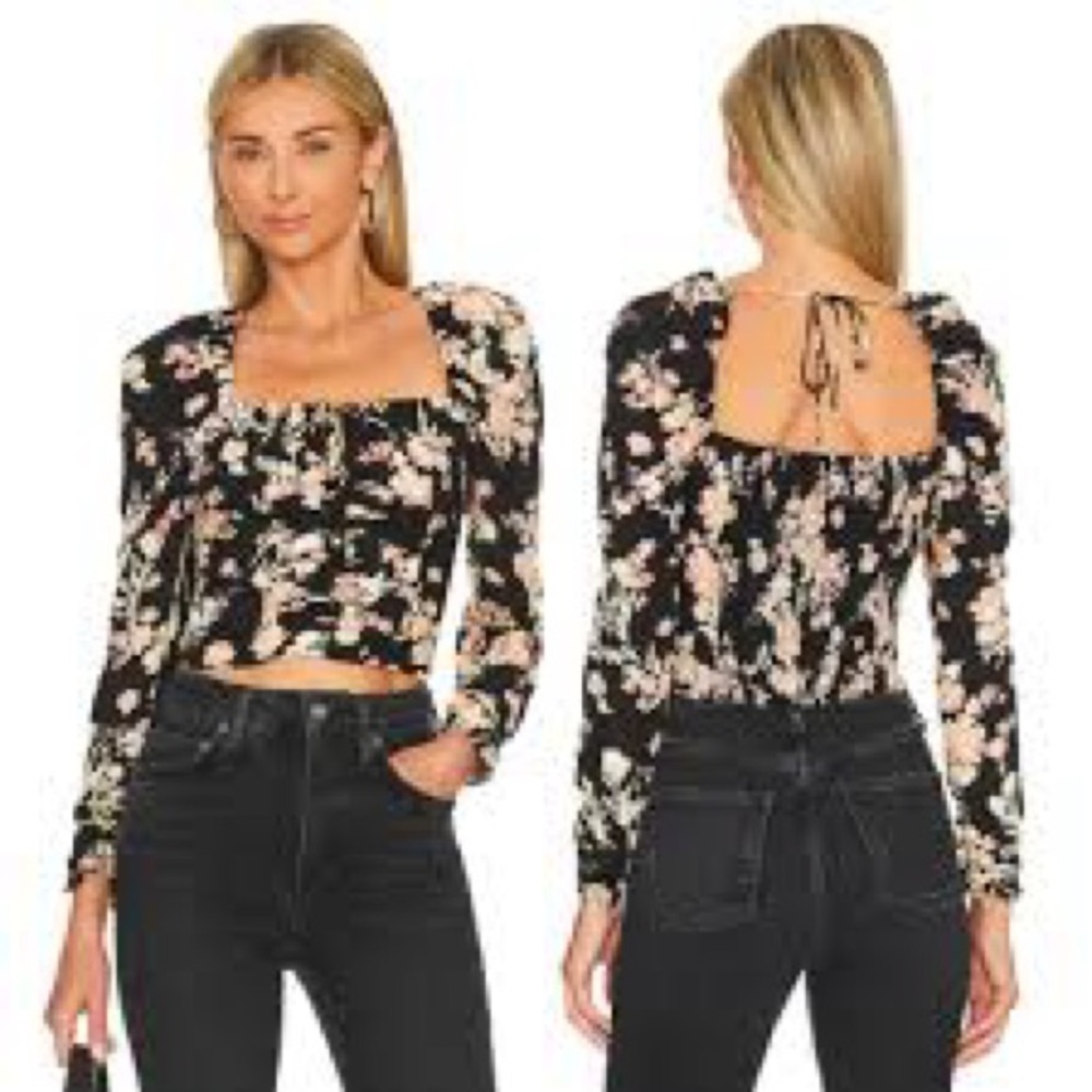 Free People NWT Hilary Floral Print Puff Sleeves Cropped Top Black Combo Medium